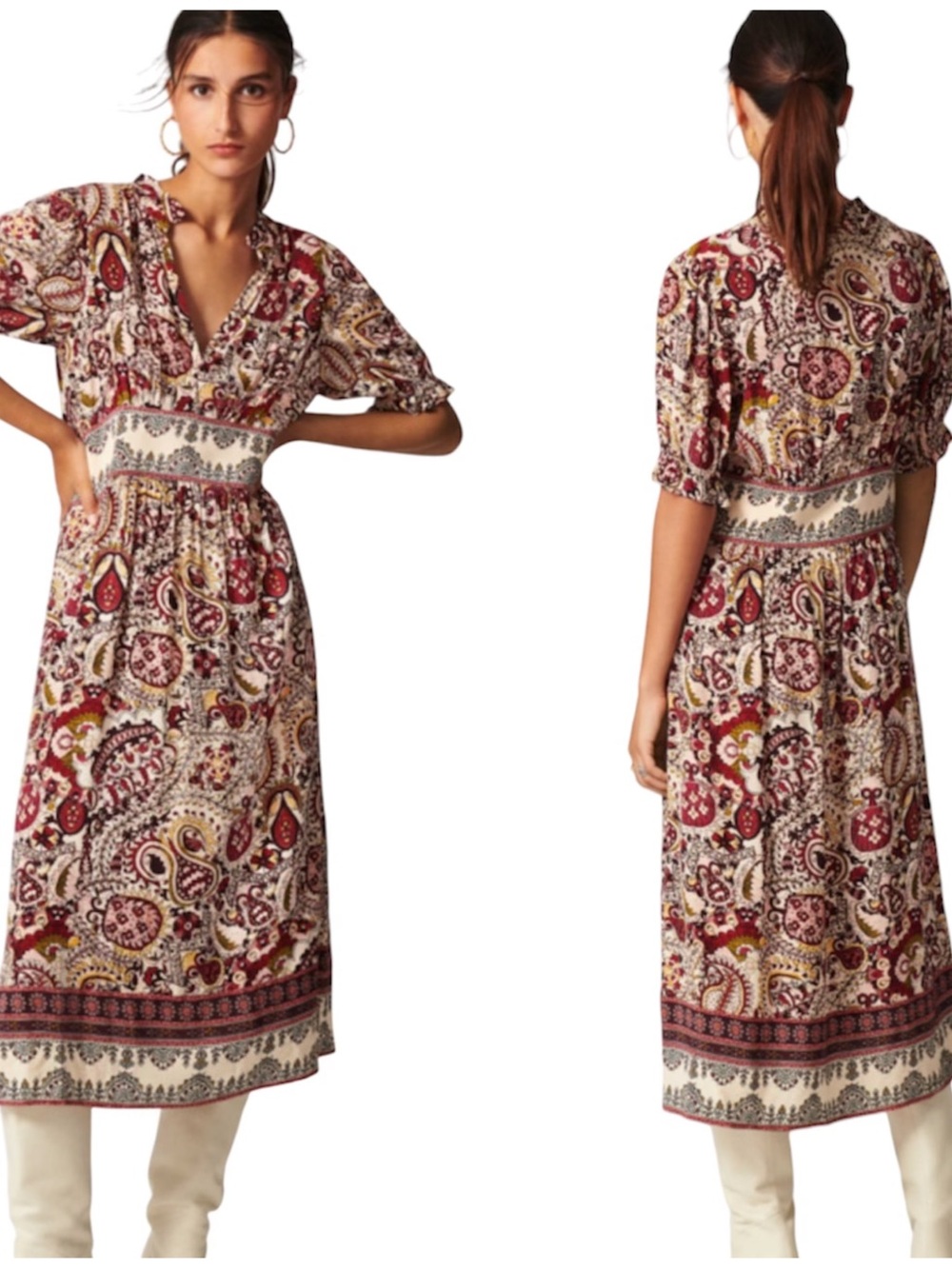 Ba&sh Ecru Purple Zael Paisley Short Sleeve Bohemian Midi Dress XL